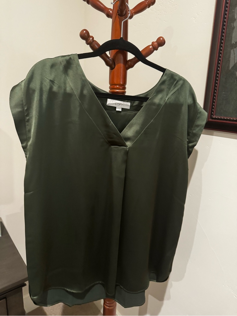 LOFT Olive Satin V-Neck Cap Sleeve Blouse